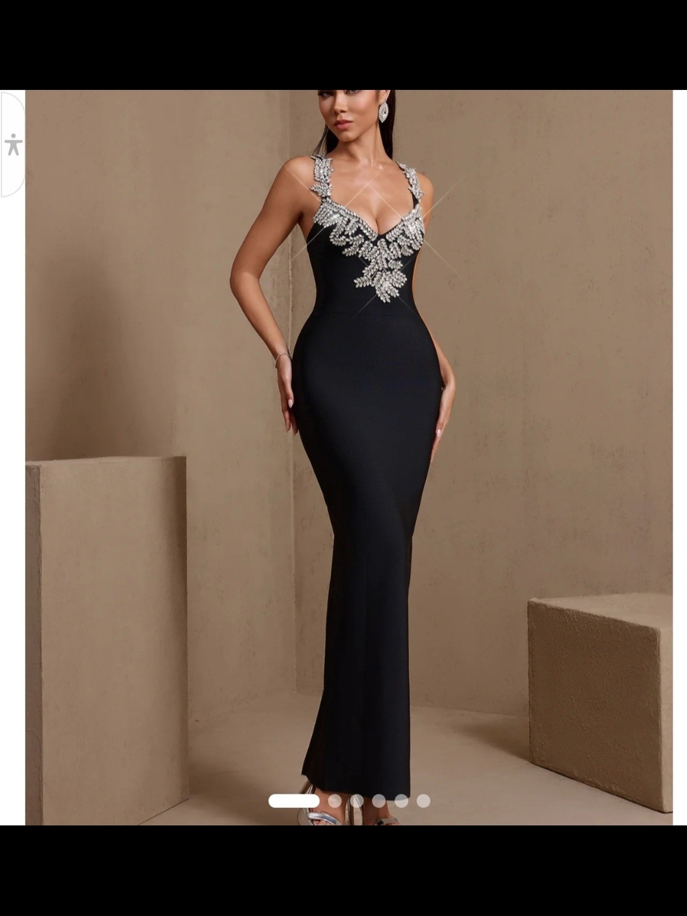 Embellished Black Midi Dress with Crystal Leaf Appliqué